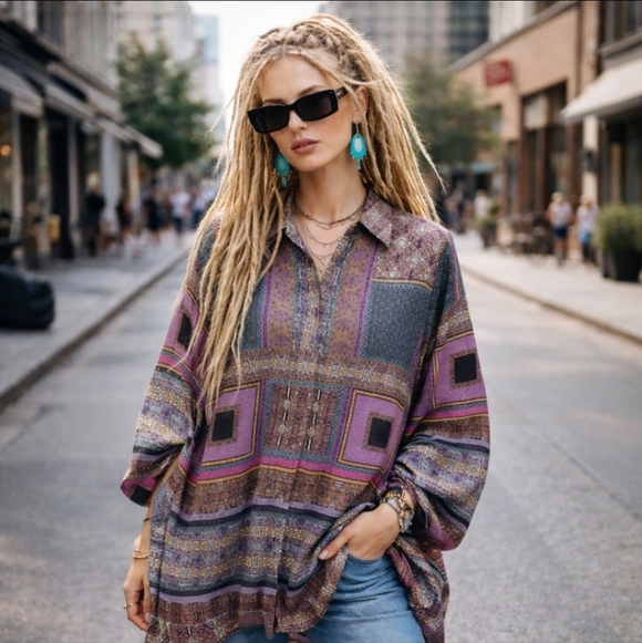 Rose & Olive Tops - Rose + Olive patchwork Print Multicolor Teal/Purple/ Brown Blouse Sz S